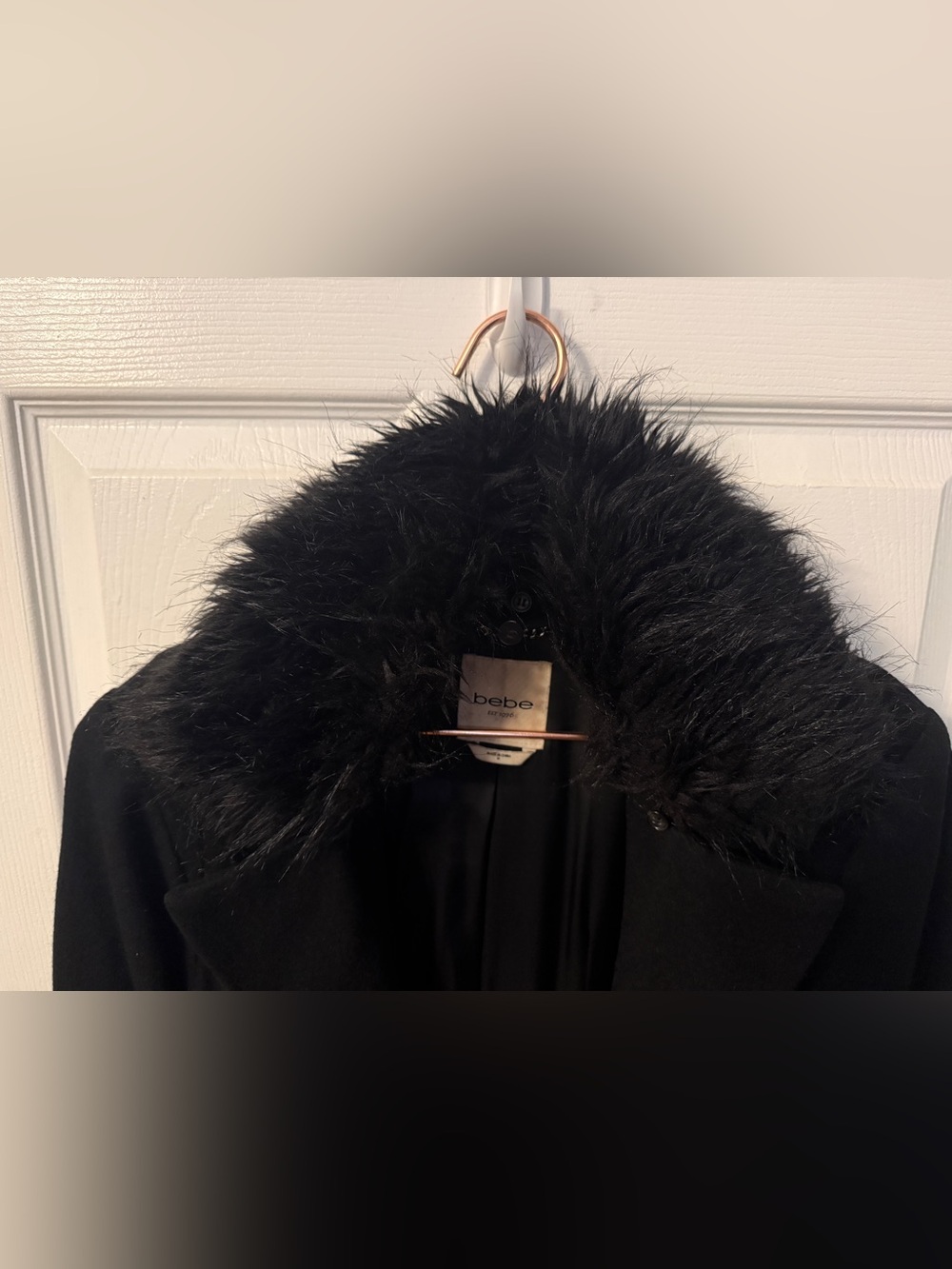 Bebe Long Wool Blend Black Coat with Faux Fur Collar - Picture 2 of 10